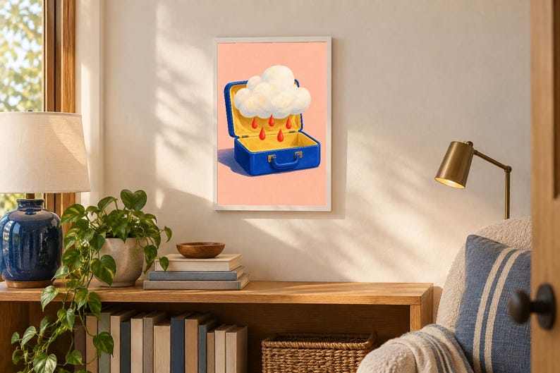 K&ouml;nnte beinhalten: Ein gerahmter Wandkunstdruck mit einem blauen Koffer mit gelbem Innenraum. Im Inneren des offenen Koffers schwebt eine wei&szlig;e, flauschige Wolke, aus der mehrere leuchtend rote Regentropfen auf einen hellen pfirsichfarbenen Hintergrund fallen.