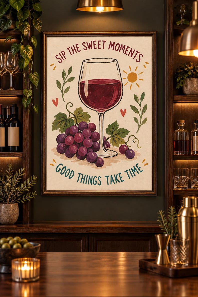 May include: A framed wall art print featuring a central illustration of a wine glass filled with red wine, surrounded by a cluster of purple grapes, green leaves, a small yellow sun, and red hearts. The text reads SIP THE SWEET MOMENTS and GOOD THINGS TAKE TIME.