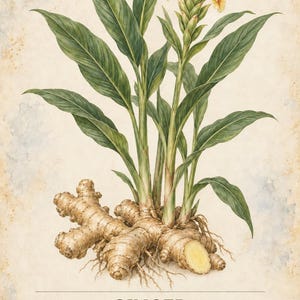 K&ouml;nnte beinhalten: Eine botanische Illustration einer Ingwerpflanze, Zingiber officinale, mit gr&uuml;nen Bl&auml;ttern, einer gelbspitzigen Bl&uuml;te und beigen, verzweigten Rhizomen. Der Text lautet HERBARIUM MEDICINAL PLANTS 21 / 40, GINGER, Zingiber officinale und eine Beschreibung.