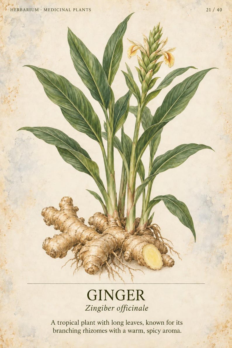 K&ouml;nnte beinhalten: Eine botanische Illustration einer Ingwerpflanze, Zingiber officinale, mit gr&uuml;nen Bl&auml;ttern, einer gelbspitzigen Bl&uuml;te und beigen, verzweigten Rhizomen. Der Text lautet HERBARIUM MEDICINAL PLANTS 21 / 40, GINGER, Zingiber officinale und eine Beschreibung.