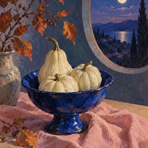 May include: A deep blue pedestal bowl containing three white pumpkins, positioned next to a textured vase with autumn leaves. The scene is set before a circular window overlooking a moonlit coastal landscape with mountains and a calm sea.