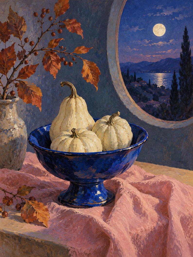 May include: A deep blue pedestal bowl containing three white pumpkins, positioned next to a textured vase with autumn leaves. The scene is set before a circular window overlooking a moonlit coastal landscape with mountains and a calm sea.