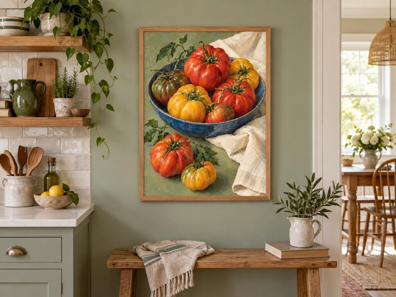 May include: A framed wall art print depicting a blue bowl filled with various heirloom tomatoes in shades of red, orange, and green, resting on a white cloth. Additional tomatoes are scattered on the surface below the bowl, all rendered in a painterly style.