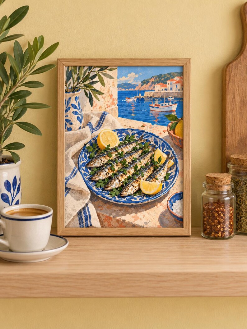 May include: A framed art print depicting a coastal scene with a blue and white patterned plate holding grilled sardines garnished with parsley and lemon wedges. The background shows a Mediterranean harbour with boats on blue water and white buildings.