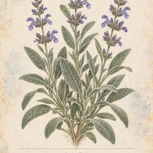 Op de afbeelding: Een botanische print getiteld HERBARIUM MEDICINAL PLANTS 05 / 40 met een salieplant met grijsgroene bladeren en violette bloemen. De tekst SAGE Salvia officinalis staat onder de plant, gevolgd door de beschrijving van de bladeren en bloemen.