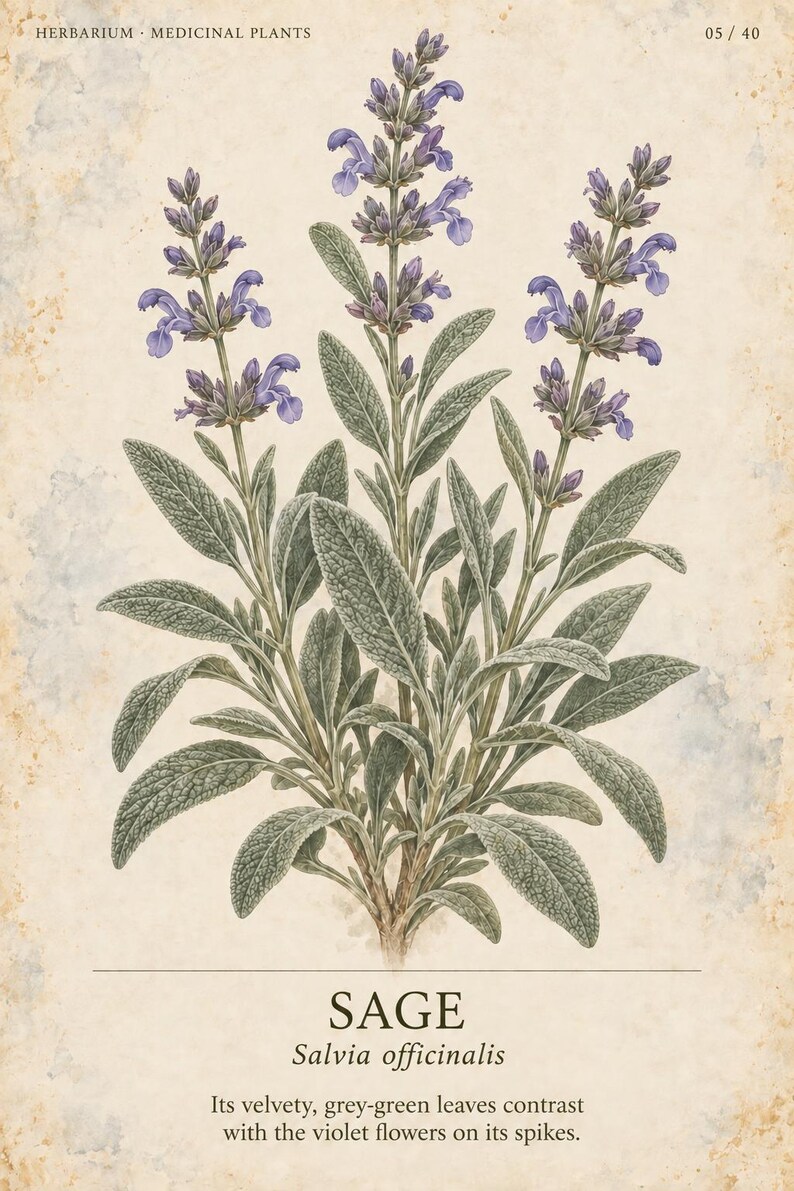 Op de afbeelding: Een botanische print getiteld HERBARIUM MEDICINAL PLANTS 05 / 40 met een salieplant met grijsgroene bladeren en violette bloemen. De tekst SAGE Salvia officinalis staat onder de plant, gevolgd door de beschrijving van de bladeren en bloemen.