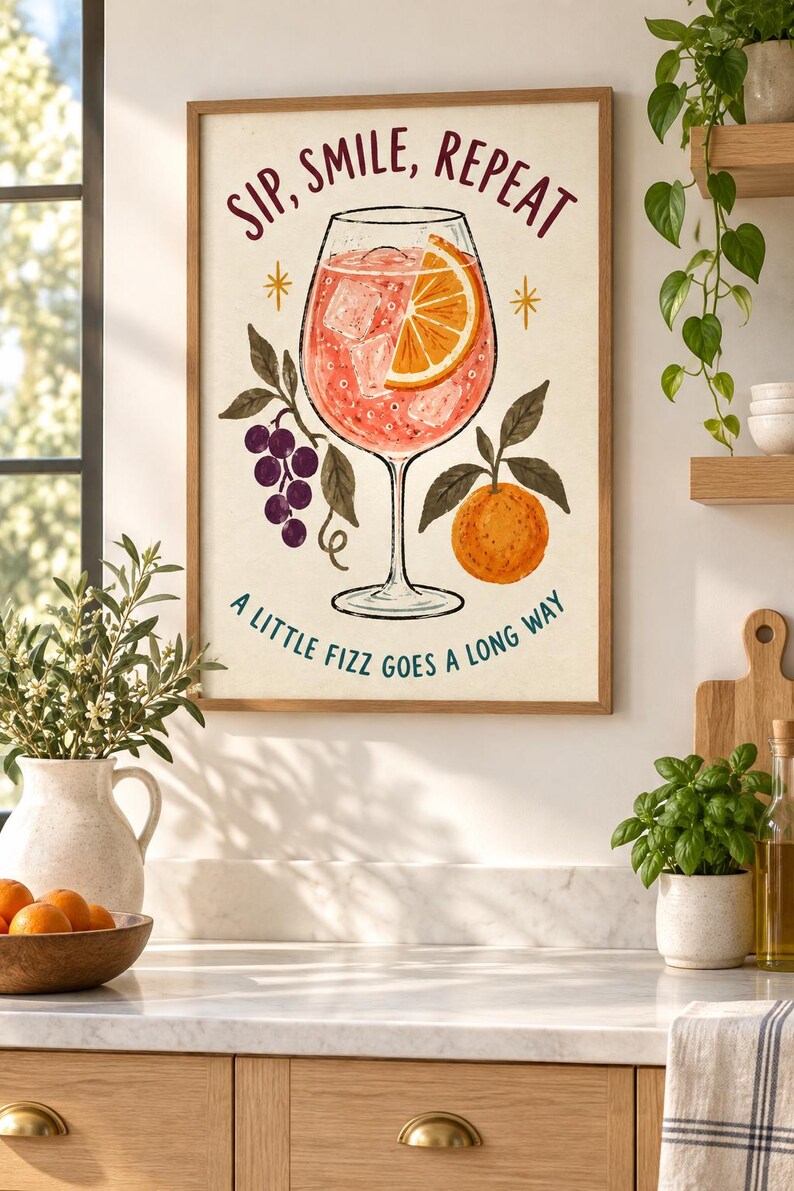 Op de afbeelding: Een ingelijste wandprint met een cocktail in een glas op voet met een schijfje sinaasappel en ijsblokjes. De tekst luidt bovenaan SIP, SMILE, REPEAT en onderaan A LITTLE FIZZ GOES A LONG WAY, met illustraties van druiven en een sinaasappel.