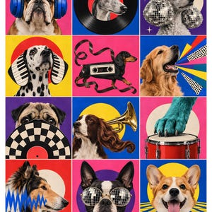 May include: A grid of twelve colorful panels featuring various dog breeds interacting with musical elements. Dogs are depicted with headphones, vinyl records, disco balls, piano-patterned ears, cassette tapes, trumpets, drums, and sound waves.