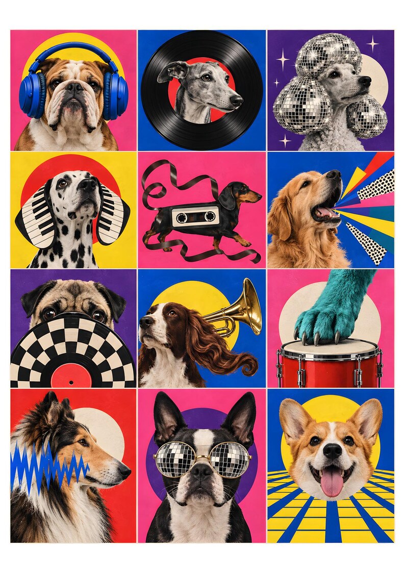 May include: A grid of twelve colorful panels featuring various dog breeds interacting with musical elements. Dogs are depicted with headphones, vinyl records, disco balls, piano-patterned ears, cassette tapes, trumpets, drums, and sound waves.