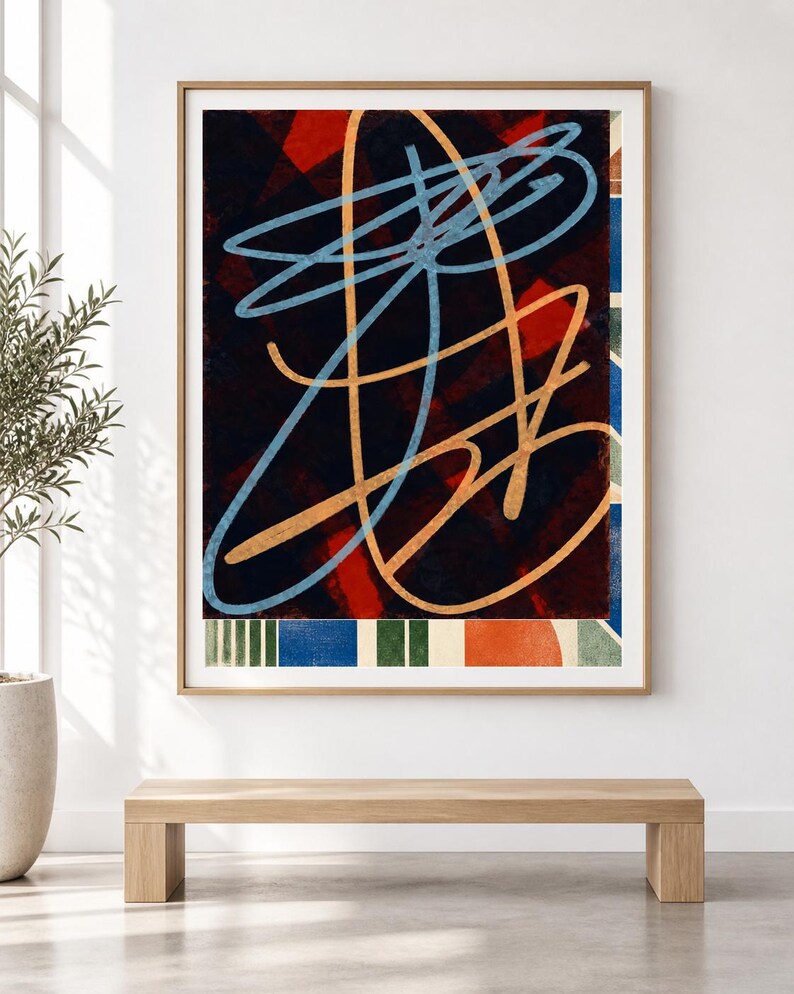 May include: A framed abstract wall art print featuring a dark background with overlapping red geometric shapes. The composition includes prominent light blue and tan continuous line drawings, with a bottom border of vertical stripes in blue, green, and orange.