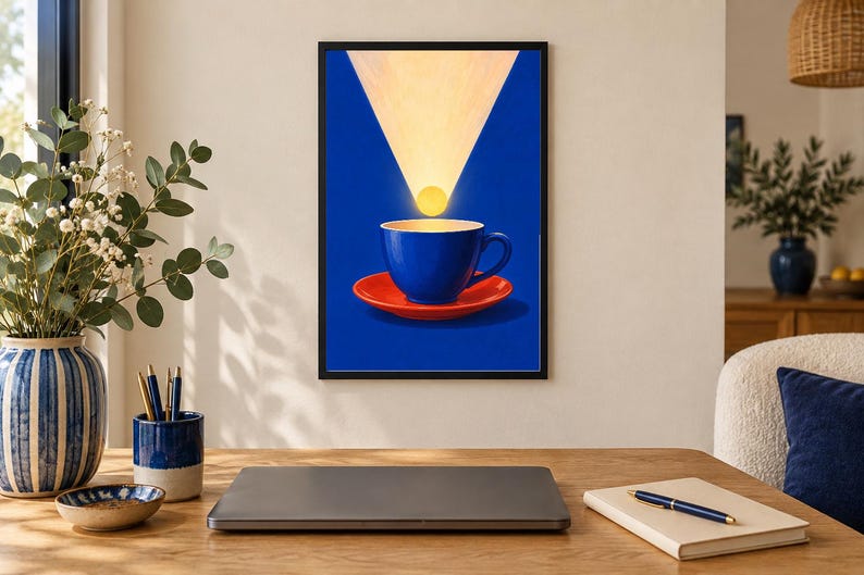 Puede incluir: Una impresi&oacute;n de arte mural enmarcada que muestra una taza de caf&eacute; azul sobre un plato rojo contra un fondo azul intenso. Un haz de luz amarillo brillante brilla hacia abajo desde la parte superior del marco, iluminando un c&iacute;rculo amarillo.