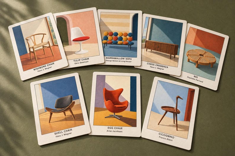 Puede incluir: Una colecci&oacute;n de ocho tarjetas rectangulares con ilustraciones de muebles ic&oacute;nicos, incluyendo la Wishbone Chair, Tulip Chair, Marshmallow Sofa, CH825 Credenza, mesa Rio, Shell Chair, Egg Chair y la mesa Cicognino con sus etiquetas de texto.