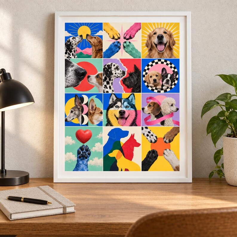 Puede incluir: Una impresi&oacute;n de arte mural enmarcada que presenta una cuadr&iacute;cula de doce cuadrados coloridos, cada uno mostrando varias razas de perros, primeros planos de narices, patas y siluetas contra fondos vibrantes, incluyendo soles y corazones.