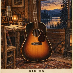 May include: A Gibson J-45 1942 acoustic guitar with a sunburst finish, featuring a dark-to-light gradient on the body, a black pickguard, and a wooden bridge. The text GIBSON J-45 1942 is printed at the bottom of this vertical poster illustration.