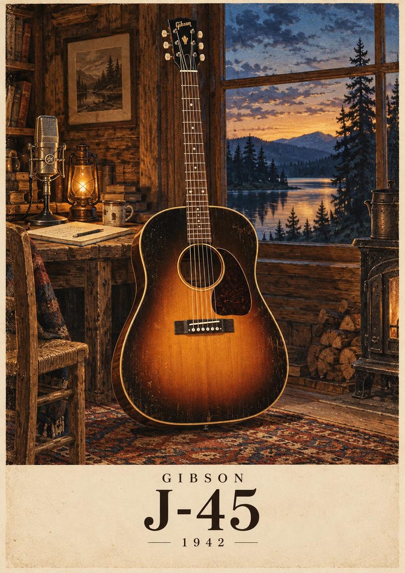 May include: A Gibson J-45 1942 acoustic guitar with a sunburst finish, featuring a dark-to-light gradient on the body, a black pickguard, and a wooden bridge. The text GIBSON J-45 1942 is printed at the bottom of this vertical poster illustration.