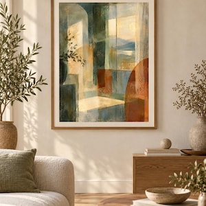 Pu&ograve; includere: Una stampa d'arte da parete incorniciata che presenta un dipinto di paesaggio astratto con toni tenui di blu, verde e arancione bruciato. La composizione raffigura uno spazio interno architettonico con finestre ad arco verso montagne lontane.