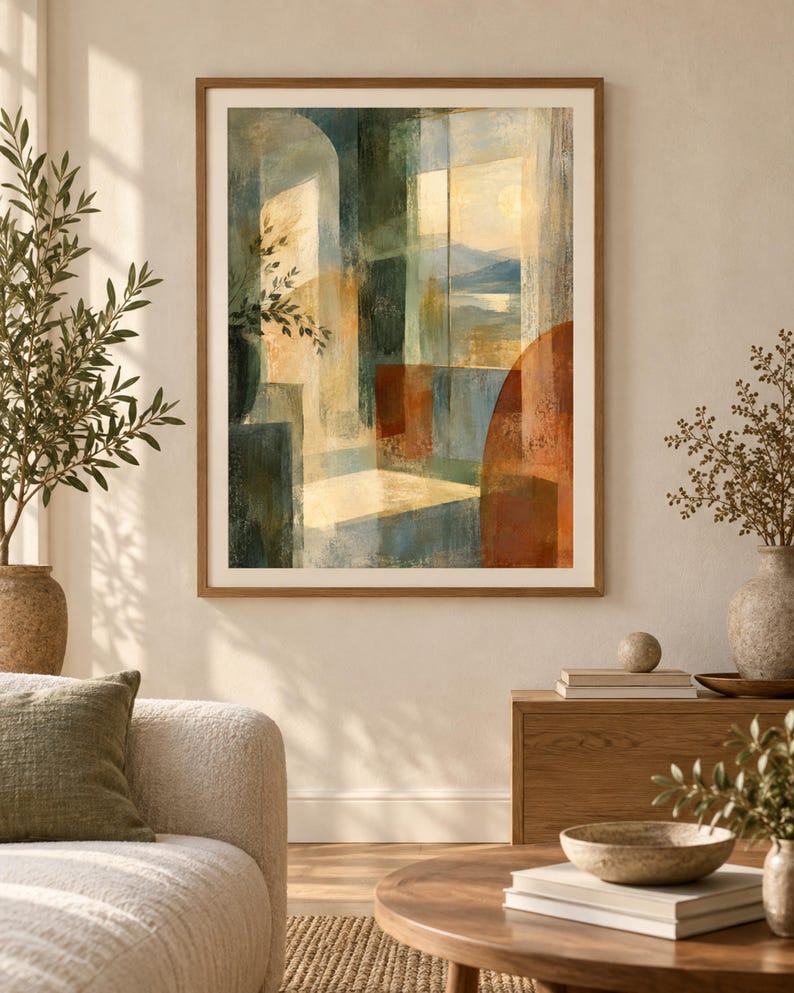 Pu&ograve; includere: Una stampa d'arte da parete incorniciata che presenta un dipinto di paesaggio astratto con toni tenui di blu, verde e arancione bruciato. La composizione raffigura uno spazio interno architettonico con finestre ad arco verso montagne lontane.