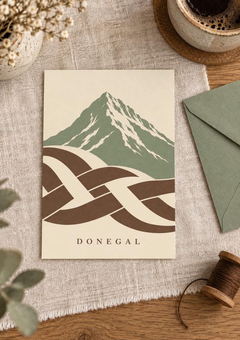 K&ouml;nnte beinhalten: Eine rechteckige Gru&szlig;karte mit einer grafischen Illustration eines gr&uuml;nen Berges mit wei&szlig;en Schneegipfeln &uuml;ber einem braun-cremefarbenen, ineinander verschlungenen Knotenmuster. Das Wort DONEGAL ist in schwarzen Gro&szlig;buchstaben unten aufgedruckt.
