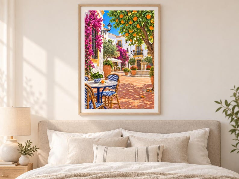 Puede incluir: Una impresi&oacute;n de arte mural enmarcada que representa un soleado patio mediterr&aacute;neo con una mesa redonda, dos sillas de rayas azules y blancas, flores de buganvilla rosa, un naranjo y una fuente de piedra bajo un cielo azul despejado.