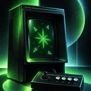 Puede incluir: Una consola de videojuegos Vectrex negra con una pantalla verde brillante que muestra una estrella y formas geom&eacute;tricas. La consola cuenta con un monitor rectangular y un mando con cable con un joystick negro y cuatro botones plateados numerados.