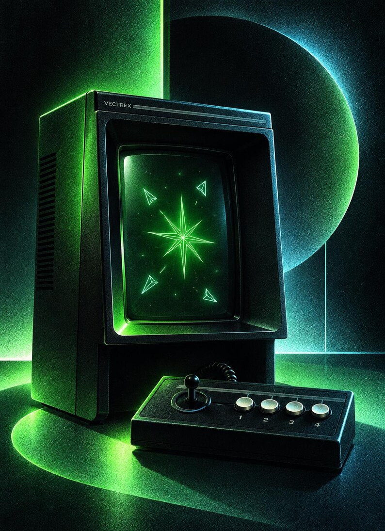 Puede incluir: Una consola de videojuegos Vectrex negra con una pantalla verde brillante que muestra una estrella y formas geom&eacute;tricas. La consola cuenta con un monitor rectangular y un mando con cable con un joystick negro y cuatro botones plateados numerados.