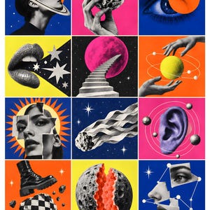 K&ouml;nnte beinhalten: Ein Raster aus zw&ouml;lf surrealistischen Collage-Kunsttafeln mit schwarz-wei&szlig;en fotografischen Elementen, kombiniert mit leuchtenden Hintergrundfarben in Orange, Pink, Gelb und Blau, die Himmelsk&ouml;rper, menschliche Gesichtsz&uuml;ge und abstrakte Formen zeigen.