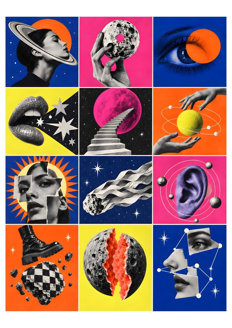 K&ouml;nnte beinhalten: Ein Raster aus zw&ouml;lf surrealistischen Collage-Kunsttafeln mit schwarz-wei&szlig;en fotografischen Elementen, kombiniert mit leuchtenden Hintergrundfarben in Orange, Pink, Gelb und Blau, die Himmelsk&ouml;rper, menschliche Gesichtsz&uuml;ge und abstrakte Formen zeigen.