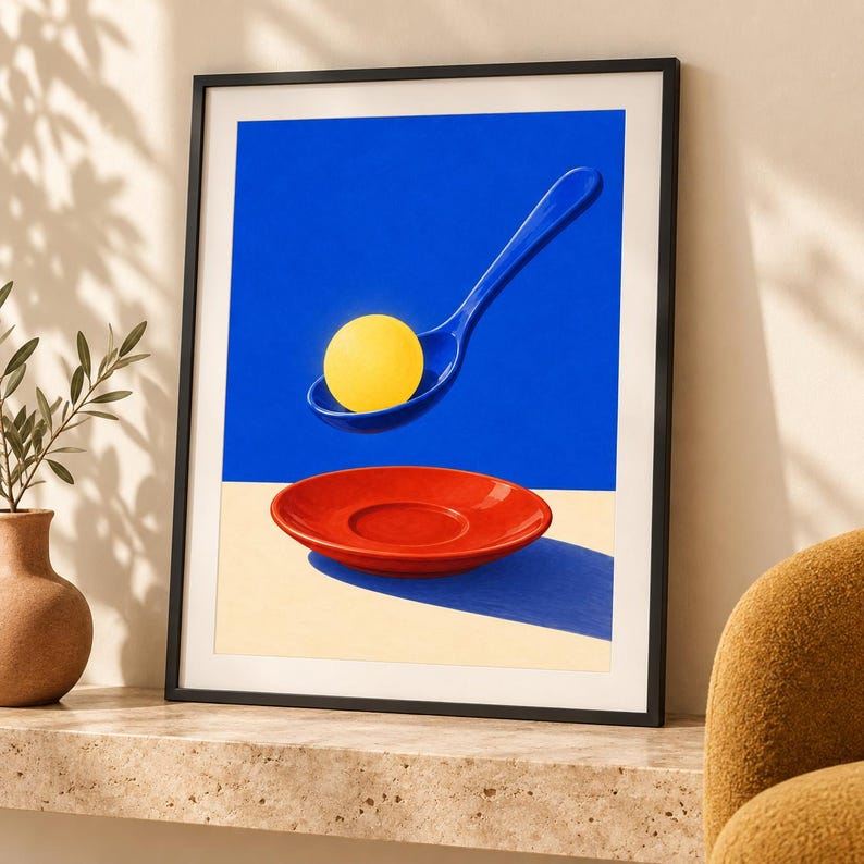 May include: A framed art print featuring a vibrant blue background with a blue spoon hovering above a red saucer. A bright yellow sphere rests inside the spoon. The composition uses bold primary colors and sharp shadows to create a surreal effect.