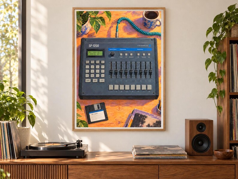 May include: A framed art print depicting a dark gray SP-1200 drum machine with a green digital display, multiple sliders, and buttons. A black floppy disk sits below the device on an orange surface, accompanied by a blue coiled cable and a mug.