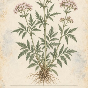 K&ouml;nnte beinhalten: Eine botanische Illustration der Valeriana officinalis mit gr&uuml;nen gefiederten Bl&auml;ttern, einem zentralen St&auml;ngel und B&uuml;scheln kleiner blassrosa Bl&uuml;ten. Die Wurzeln sind an der Basis sichtbar. Text: HERBARIO PLANTAS MEDICINALES 08/40 VALERIANA Valeriana officinalis Planta de tallos altos, hojas divididas y ramilletes de peque&ntilde;as flores blancas o rosadas.