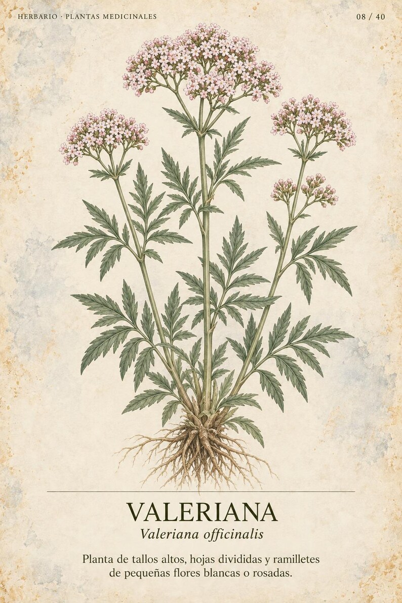 K&ouml;nnte beinhalten: Eine botanische Illustration der Valeriana officinalis mit gr&uuml;nen gefiederten Bl&auml;ttern, einem zentralen St&auml;ngel und B&uuml;scheln kleiner blassrosa Bl&uuml;ten. Die Wurzeln sind an der Basis sichtbar. Text: HERBARIO PLANTAS MEDICINALES 08/40 VALERIANA Valeriana officinalis Planta de tallos altos, hojas divididas y ramilletes de peque&ntilde;as flores blancas o rosadas.