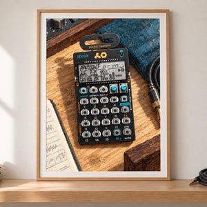 Puede incluir: Un sintetizador de bolsillo negro Teenage Engineering PO-35 speak que presenta una pantalla LCD monocrom&aacute;tica con personajes animados, una cuadr&iacute;cula de botones circulares plateados, dos perillas azul turquesa y texto impreso que incluye la palabra form.
