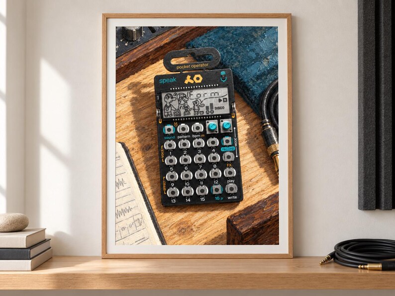 Puede incluir: Un sintetizador de bolsillo negro Teenage Engineering PO-35 speak que presenta una pantalla LCD monocrom&aacute;tica con personajes animados, una cuadr&iacute;cula de botones circulares plateados, dos perillas azul turquesa y texto impreso que incluye la palabra form.