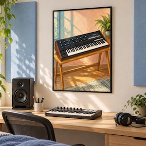 May include: A framed wall art print depicting a black synthesizer with wooden side panels resting on a wooden stand. The synthesizer features a keyboard with white and black keys, numerous control knobs, and the text polybrute printed on the front.