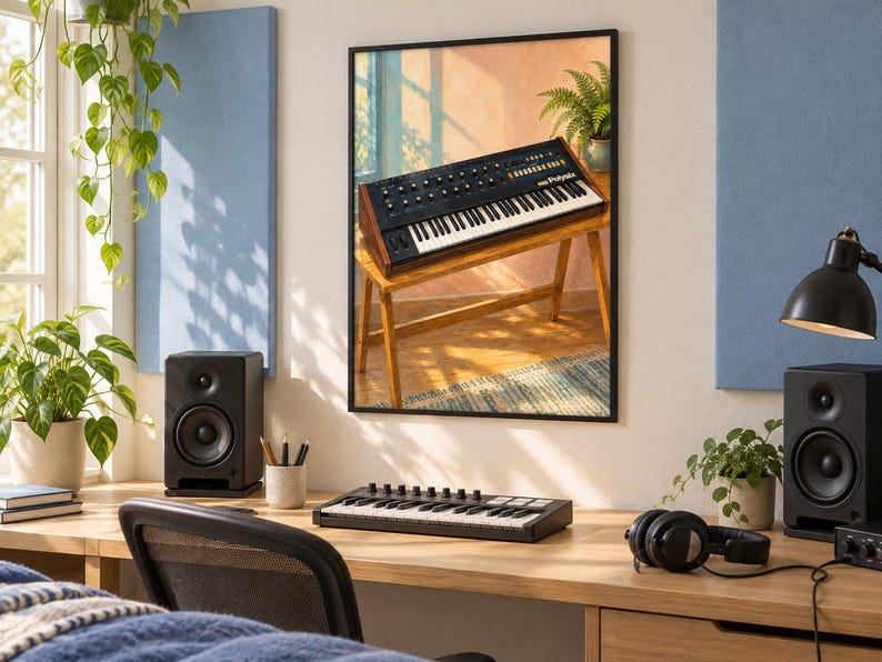 May include: A framed wall art print depicting a black synthesizer with wooden side panels resting on a wooden stand. The synthesizer features a keyboard with white and black keys, numerous control knobs, and the text polybrute printed on the front.