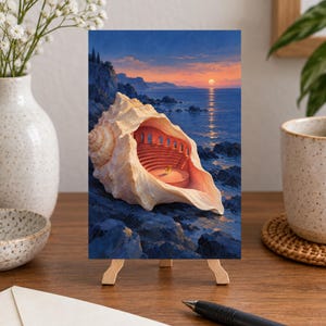 May include: A rectangular print on a small wooden easel displays a surreal illustration of a large, cream-colored conch shell resting on dark coastal rocks. Inside the shell, a red amphitheater with a single chair overlooks a sunset ocean scene.