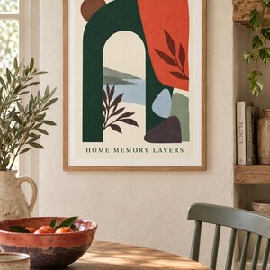 Pu&ograve; includere: Una stampa d'arte incorniciata che raffigura un paesaggio astratto con un arco verde scuro, una forma organica rossa e una scena d'acqua blu. La stampa include il testo HOME MEMORY LAYERS in basso su uno sfondo color crema con elementi botanici.