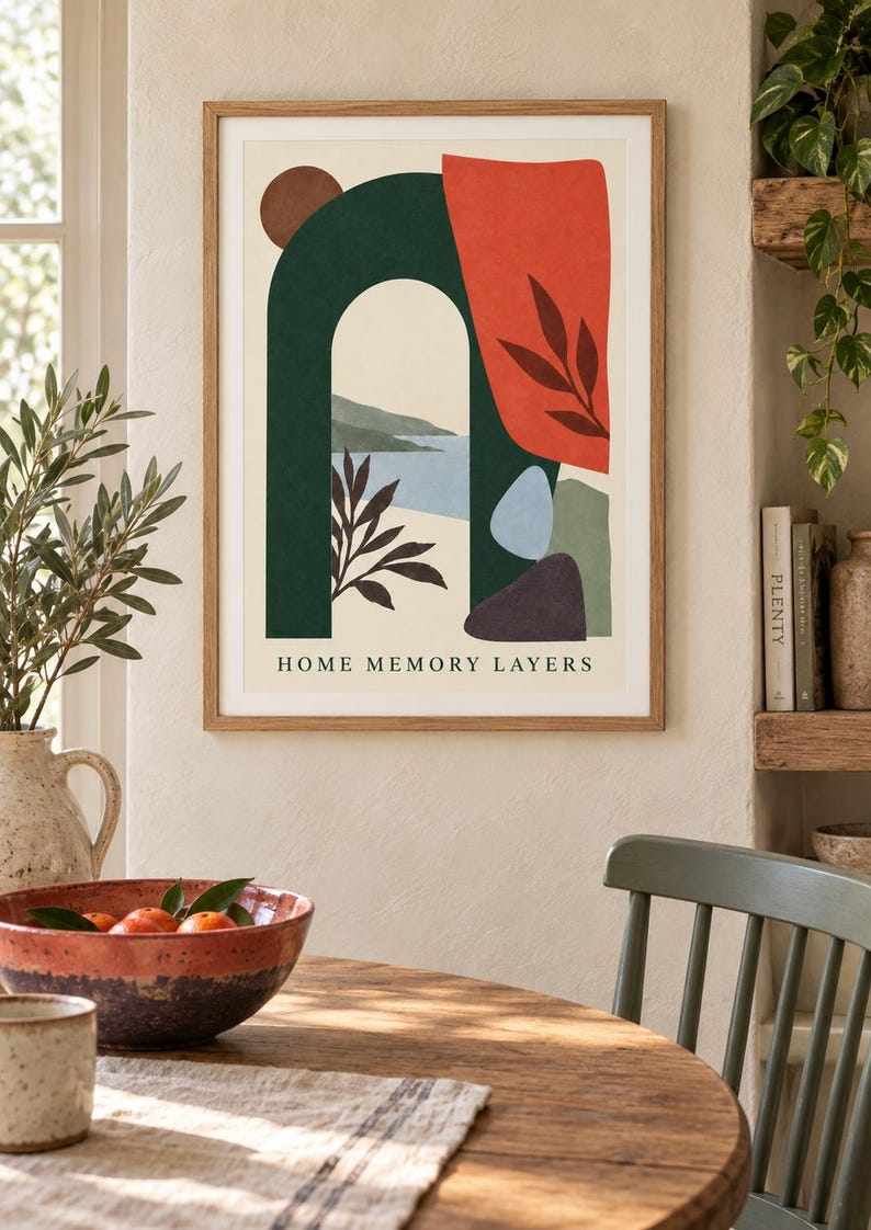 Pu&ograve; includere: Una stampa d'arte incorniciata che raffigura un paesaggio astratto con un arco verde scuro, una forma organica rossa e una scena d'acqua blu. La stampa include il testo HOME MEMORY LAYERS in basso su uno sfondo color crema con elementi botanici.