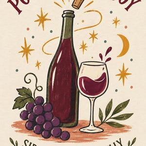 Puede incluir: Una ilustraci&oacute;n gr&aacute;fica que muestra una botella de vino, una copa de vino tinto y un racimo de uvas moradas. El texto "POUR A LITTLE JOY" aparece arriba y "SIP SLOWLY, LIVE FULLY" abajo, rodeado de estrellas, una luna y un corcho.