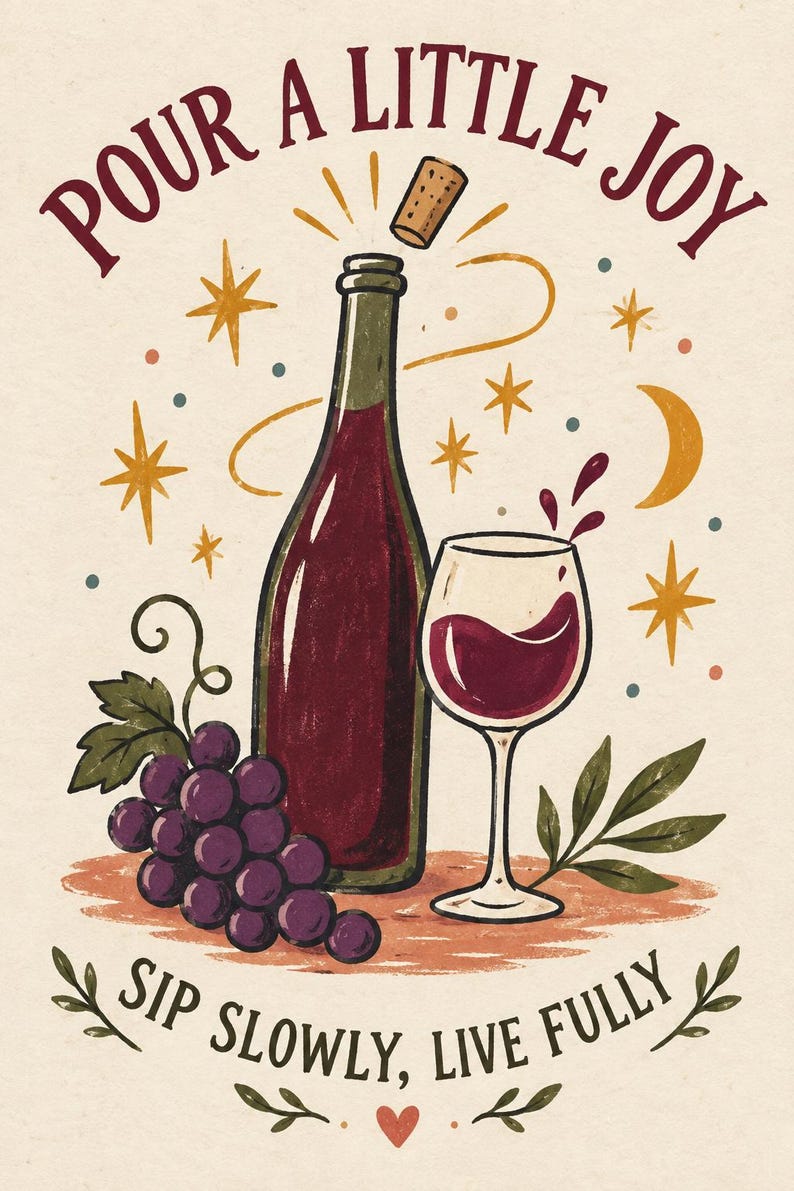 Puede incluir: Una ilustraci&oacute;n gr&aacute;fica que muestra una botella de vino, una copa de vino tinto y un racimo de uvas moradas. El texto "POUR A LITTLE JOY" aparece arriba y "SIP SLOWLY, LIVE FULLY" abajo, rodeado de estrellas, una luna y un corcho.