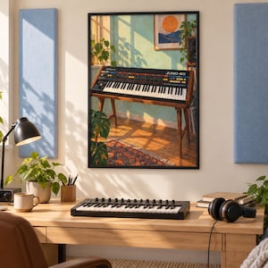 Może przedstawiać: Oprawiony wydruk artystyczny przedstawiający zabytkowy syntezator Roland Juno-60 na drewnianym stojaku w nasłonecznionym pokoju. Grafika przedstawia klawiaturę z czarno-białymi klawiszami, kolorowymi przyciskami sterującymi i ciepłym oświetleniem.