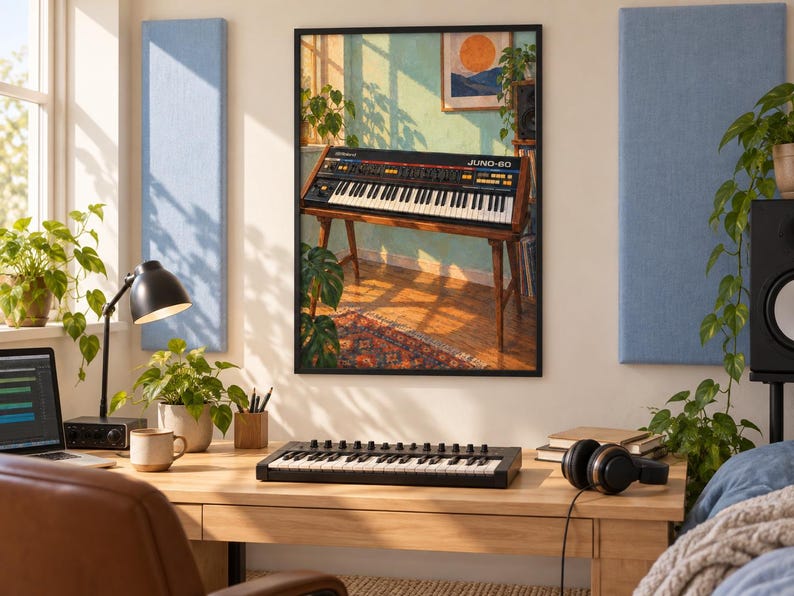 Może przedstawiać: Oprawiony wydruk artystyczny przedstawiający zabytkowy syntezator Roland Juno-60 na drewnianym stojaku w nasłonecznionym pokoju. Grafika przedstawia klawiaturę z czarno-białymi klawiszami, kolorowymi przyciskami sterującymi i ciepłym oświetleniem.