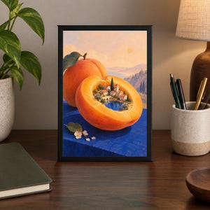 May include: A framed art print featuring a surreal illustration of a halved peach resting on a blue surface. The interior of the peach reveals a miniature Mediterranean village with white buildings, a blue lake, and cypress trees against a sunset sky.