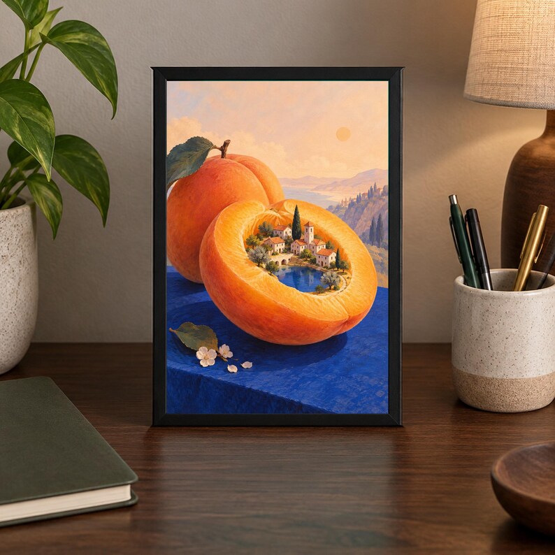 May include: A framed art print featuring a surreal illustration of a halved peach resting on a blue surface. The interior of the peach reveals a miniature Mediterranean village with white buildings, a blue lake, and cypress trees against a sunset sky.