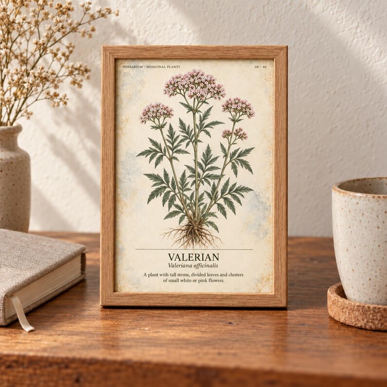 K&ouml;nnte beinhalten: Ein gerahmter botanischer Druck mit einer Illustration der Baldrianpflanze, rosa Bl&uuml;tenclustern, gr&uuml;nen Bl&auml;ttern und Wurzeln. Der Text lautet: HERBARIUM MEDICINAL PLANTS, VALERIAN, Valeriana officinalis, A plant with tall stems, divided leaves and clusters of small white or pink flowers.