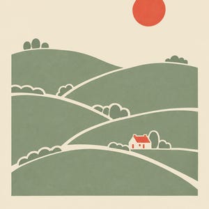 May include: A graphic art print featuring rolling green hills, a small white house with a red roof, and a solid red sun against a cream background. The word MONAGHAN is printed in capital letters at the bottom of the composition.