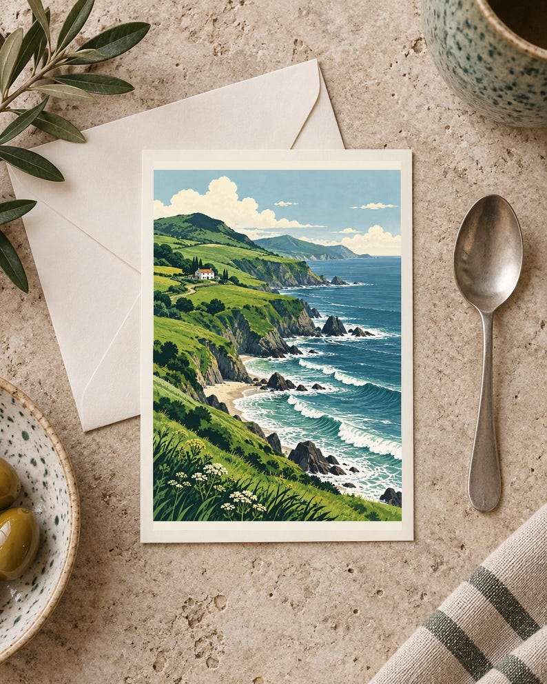 Pu&ograve; includere: Una cartolina rettangolare con un'illustrazione colorata di un paesaggio costiero con colline verdi, una piccola casa bianca con tetto rosso, scogliere rocciose e onde blu dell'oceano che si infrangono sulla riva sotto un cielo nuvoloso.