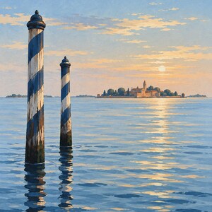 May include: A painting of two tall, weathered wooden mooring poles with blue and white spiral stripes standing in calm water. In the distance, a small island with buildings and trees is visible under a soft, golden sunset sky with light clouds.