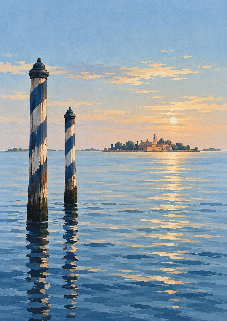 May include: A painting of two tall, weathered wooden mooring poles with blue and white spiral stripes standing in calm water. In the distance, a small island with buildings and trees is visible under a soft, golden sunset sky with light clouds.