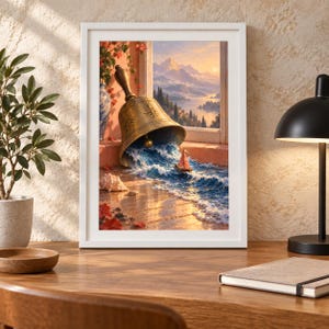 Puede incluir: Una l&aacute;mina de arte enmarcada que muestra una escena surrealista con una gran campana de lat&oacute;n sobre una repisa, de la que brotan olas del oc&eacute;ano y un peque&ntilde;o velero hacia un paisaje monta&ntilde;oso bajo un c&aacute;lido cielo de atardecer dorado.
